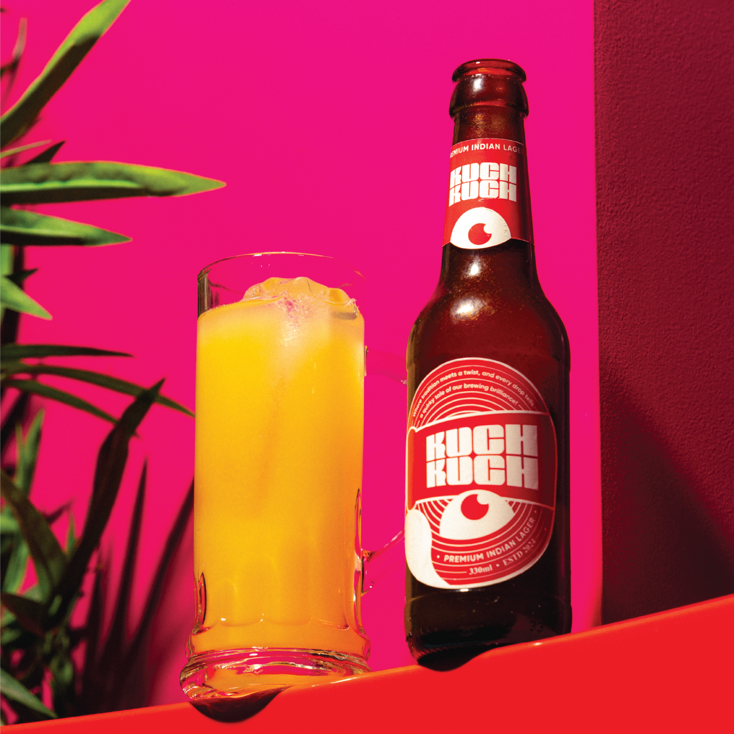 Kuch Kuch beer-style cocktail served in a branded beer bottle with a fizzy beer-like appearance at a creative cocktail bar in St Julian’s, Malta.